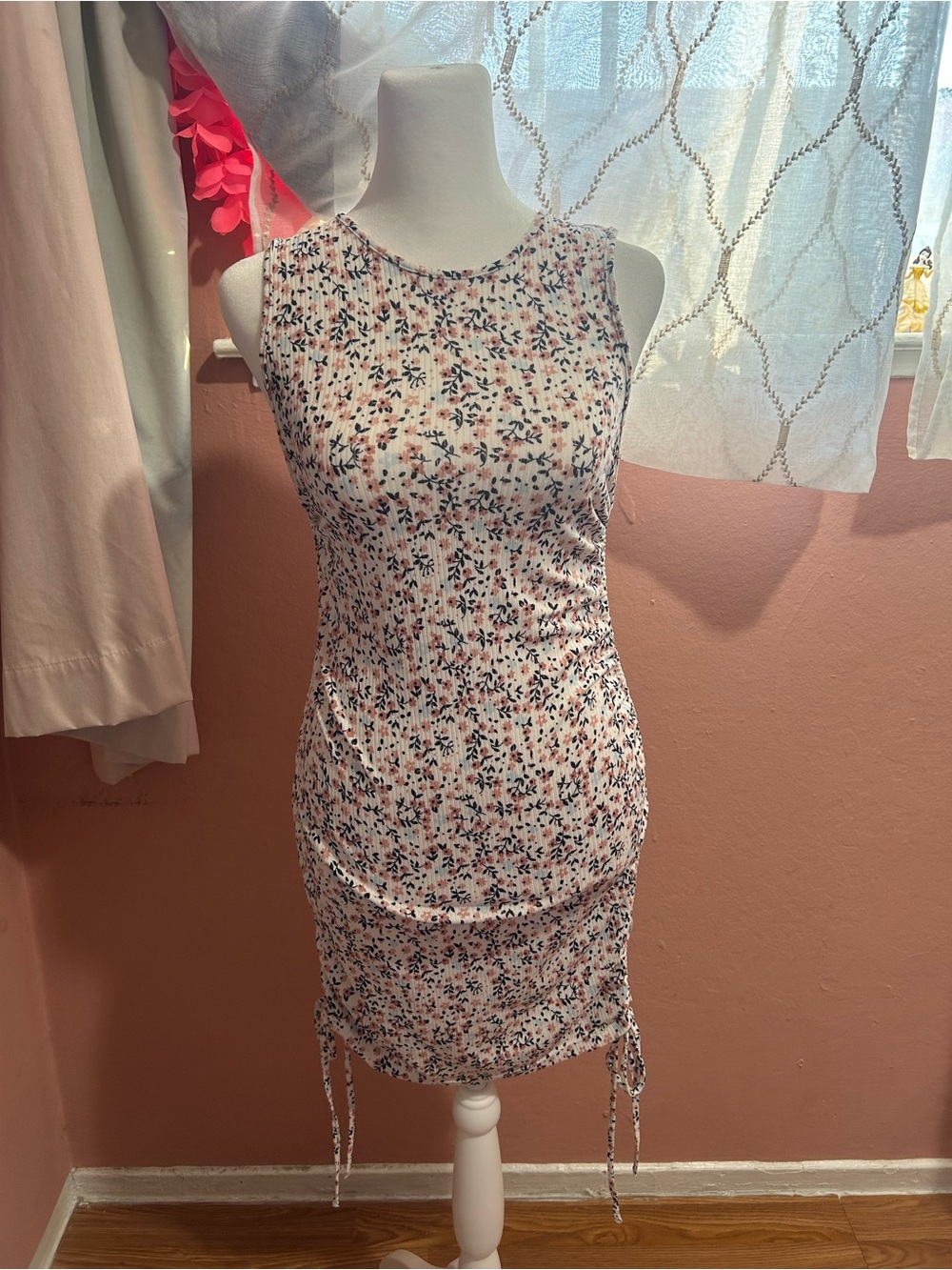Sleeveless Floral Midi Dress with Adjustable Side Ties - Pink